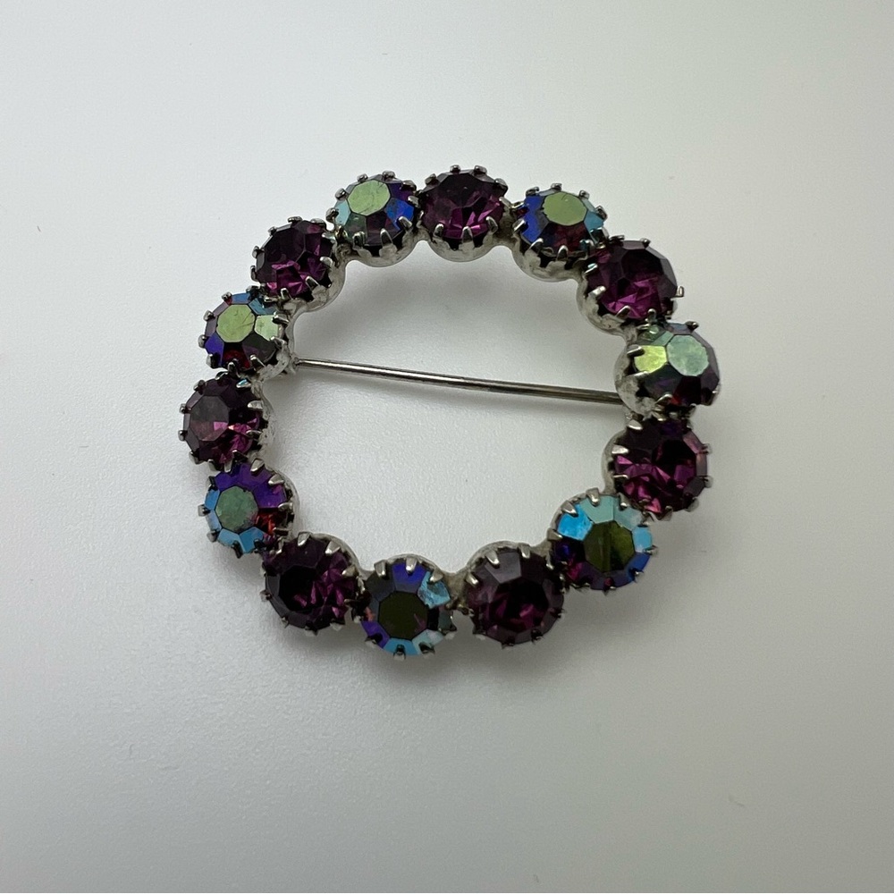 Vintage borealis purple blue rhinestones brooch